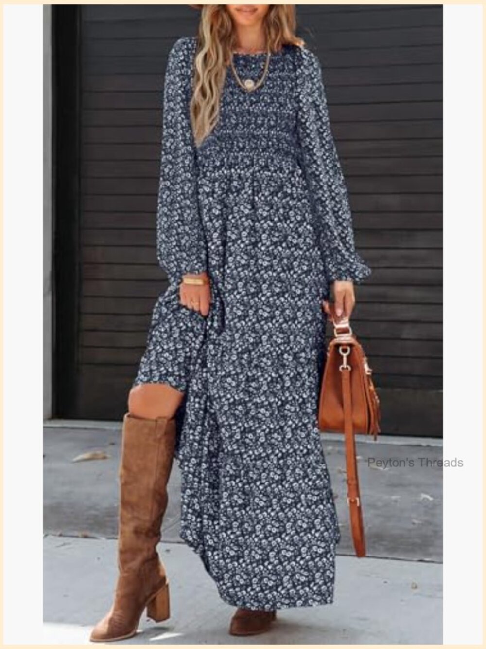 Long Sleeve Flowy Floral Maxi Dress Crewneck Smocked Tiered Swing Dress with - Picture 2 of 7